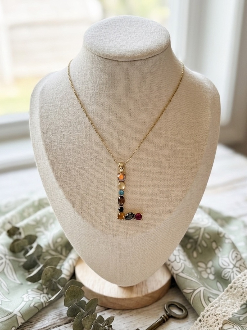 Gold Initial 'L' Necklace with Multicolor Gem Accents - Women Jewelry